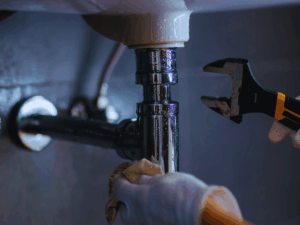 Plumber working on galvanized pipes under sink