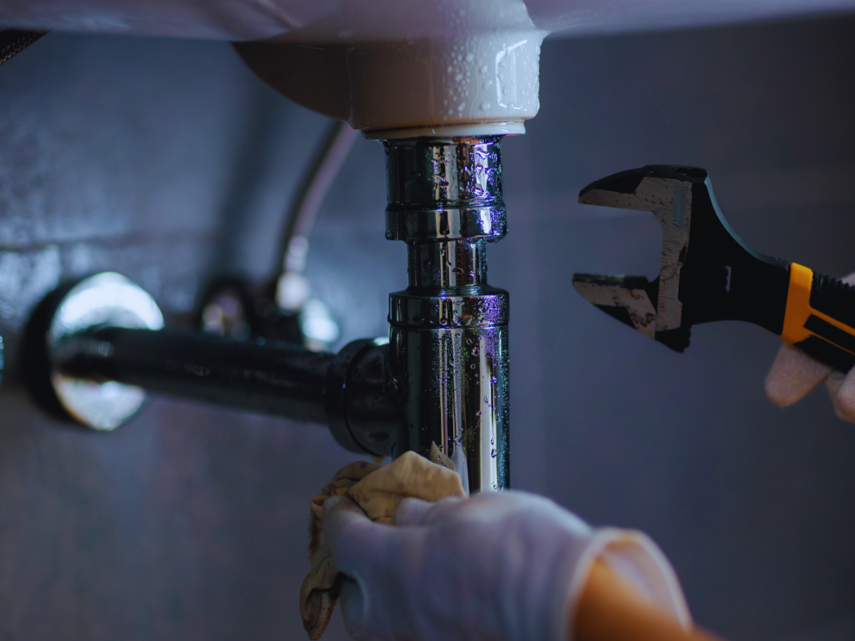 Plumber working on galvanized pipes under sink